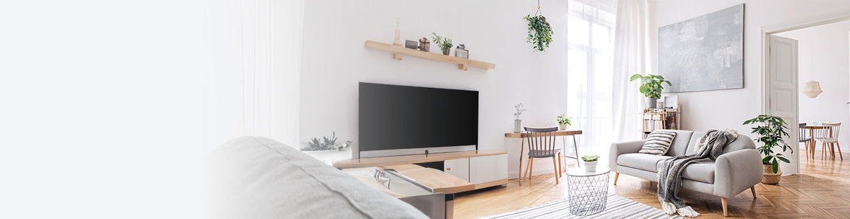 Ein modernes lichtdurchflutetes Wohnzimmer mit Flachbildfernseher, grauem Sofa und Pflanzen.