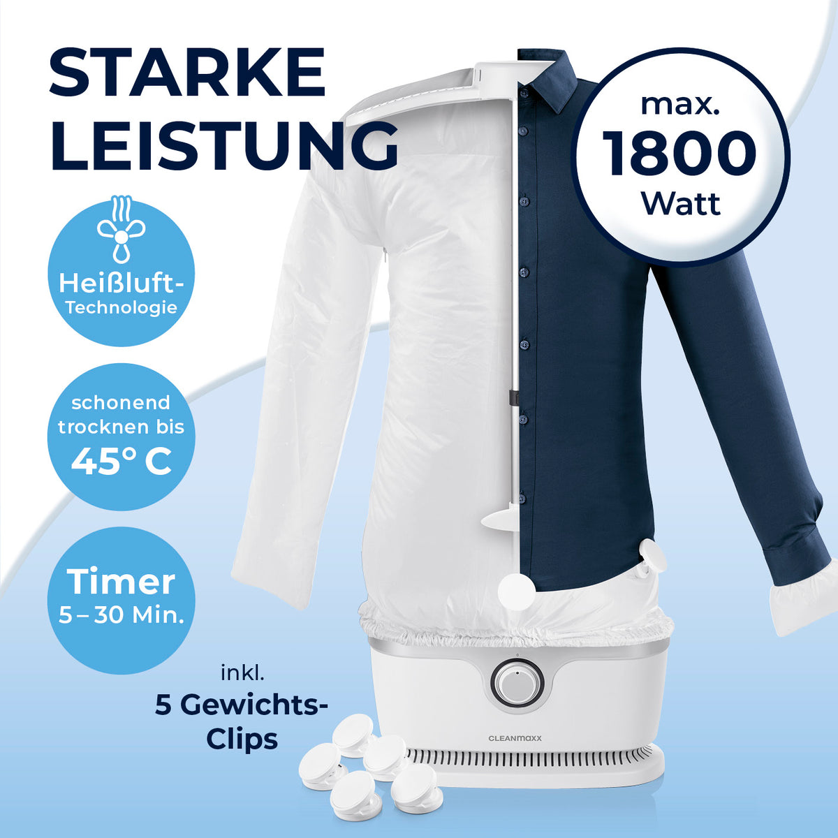 Hemdenbügler PRO - Weiß/Silber mit 1800 Watt Heißluft-Technologie, Timer und 5 Gewichts-Clips für schonendes Trocknen bis 45 °C.