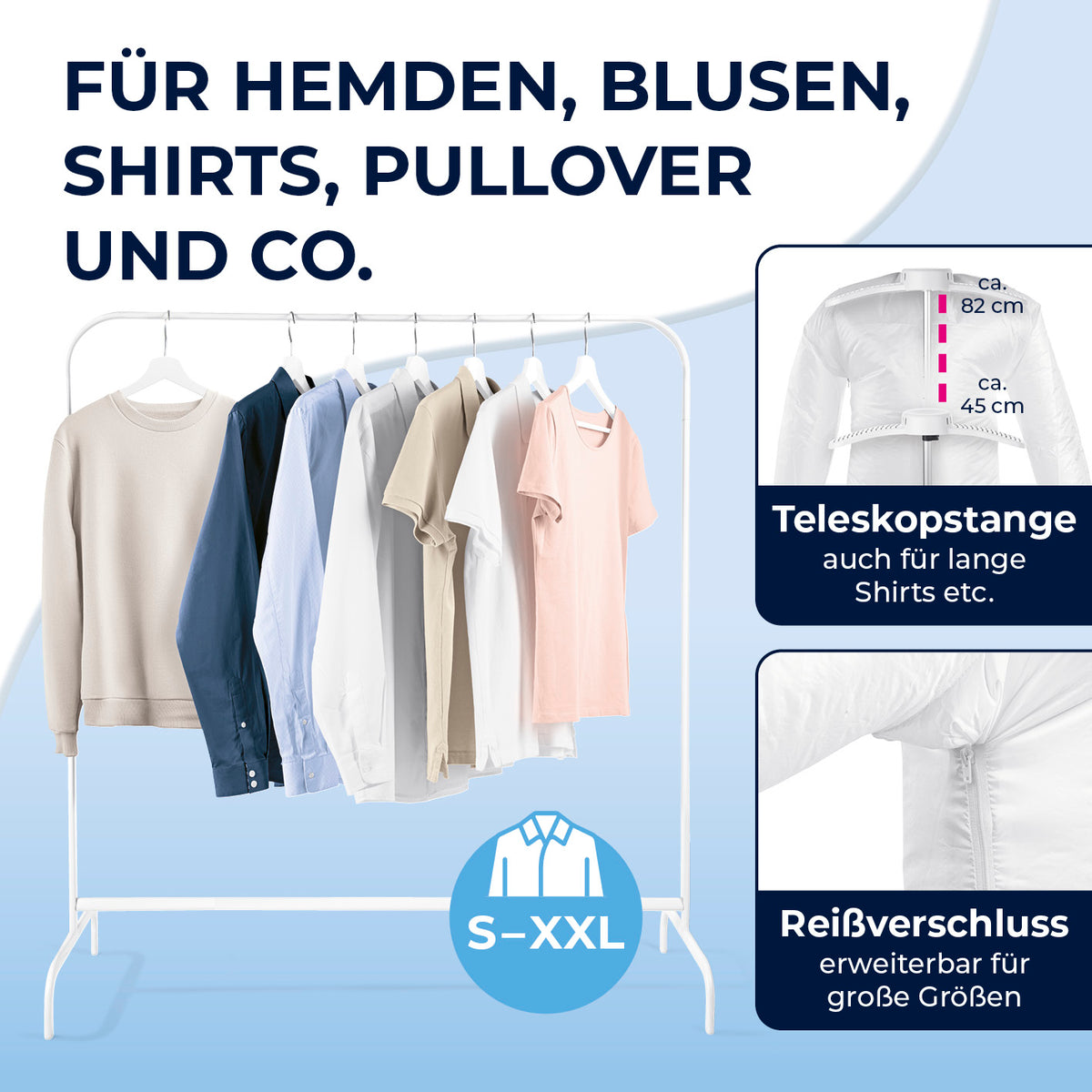 Hemdenbügler PRO - Weiß/Silber mit Teleskopstange und Reißverschluss für faltenfreies Trocknen von Hemden, Blusen und Shirts in S bis XXL.