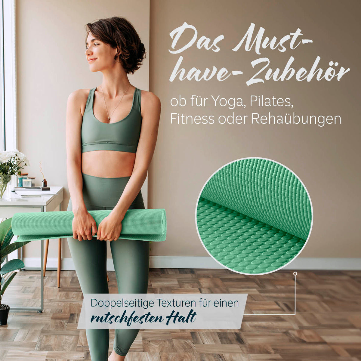 Yogamatte Kirana - 183 x 61 x 0,4 cm - Mint, rutschfest, weich, flexibel für Yoga, Pilates, Fitness und Rehaübungen.