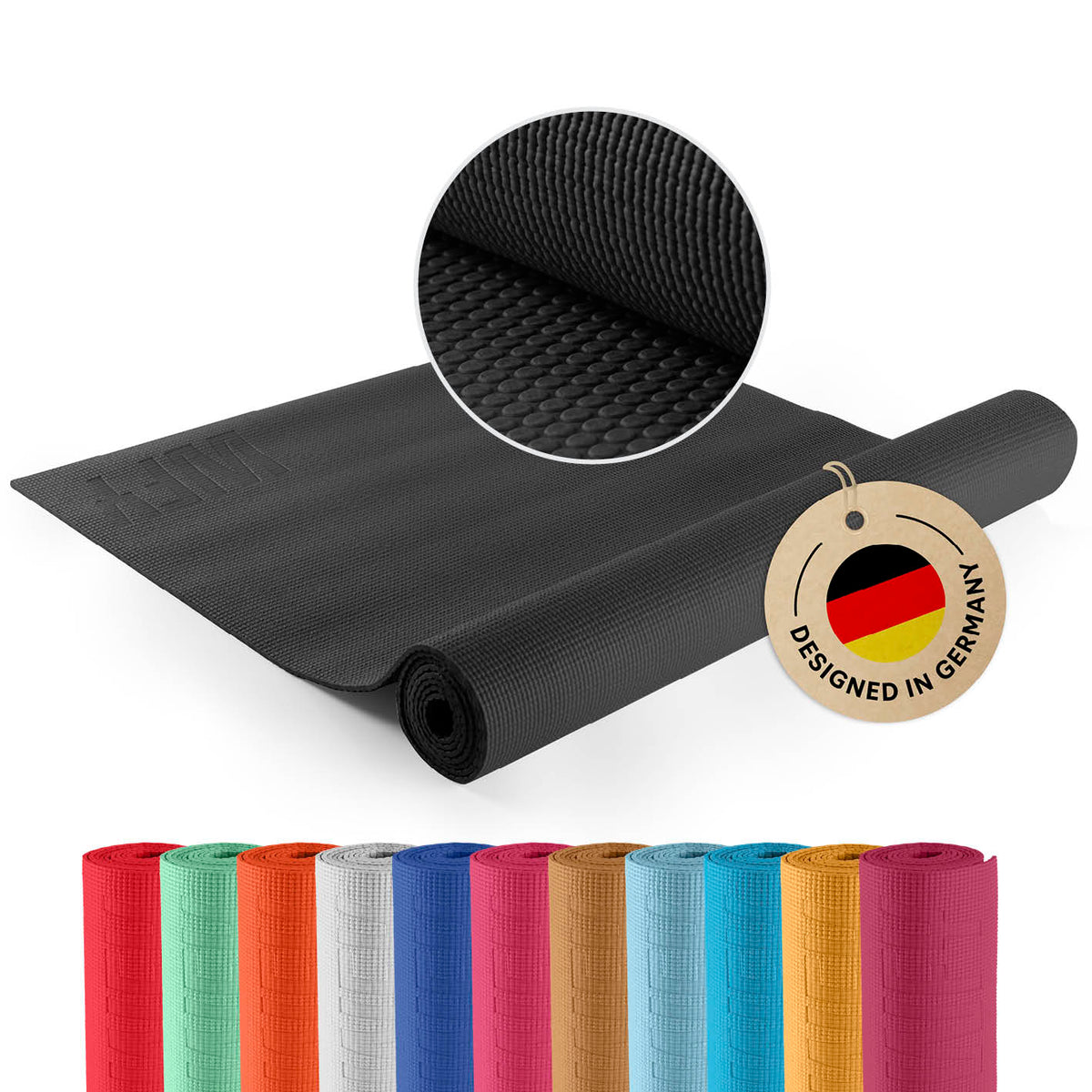 Yogamatte Kirana - 183 x 61 x 0,4 cm - Schwarz mit weicher Oberfläche, rutschfest und pflegeleicht, designed in Germany.