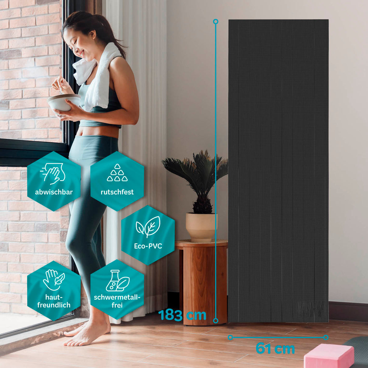 Yogamatte Kirana - 183 x 61 x 0,4 cm - Schwarz, weich, rutschfest, hautfreundlich, abwischbar, Eco-PVC, langlebig, vielseitig einsetzbar.