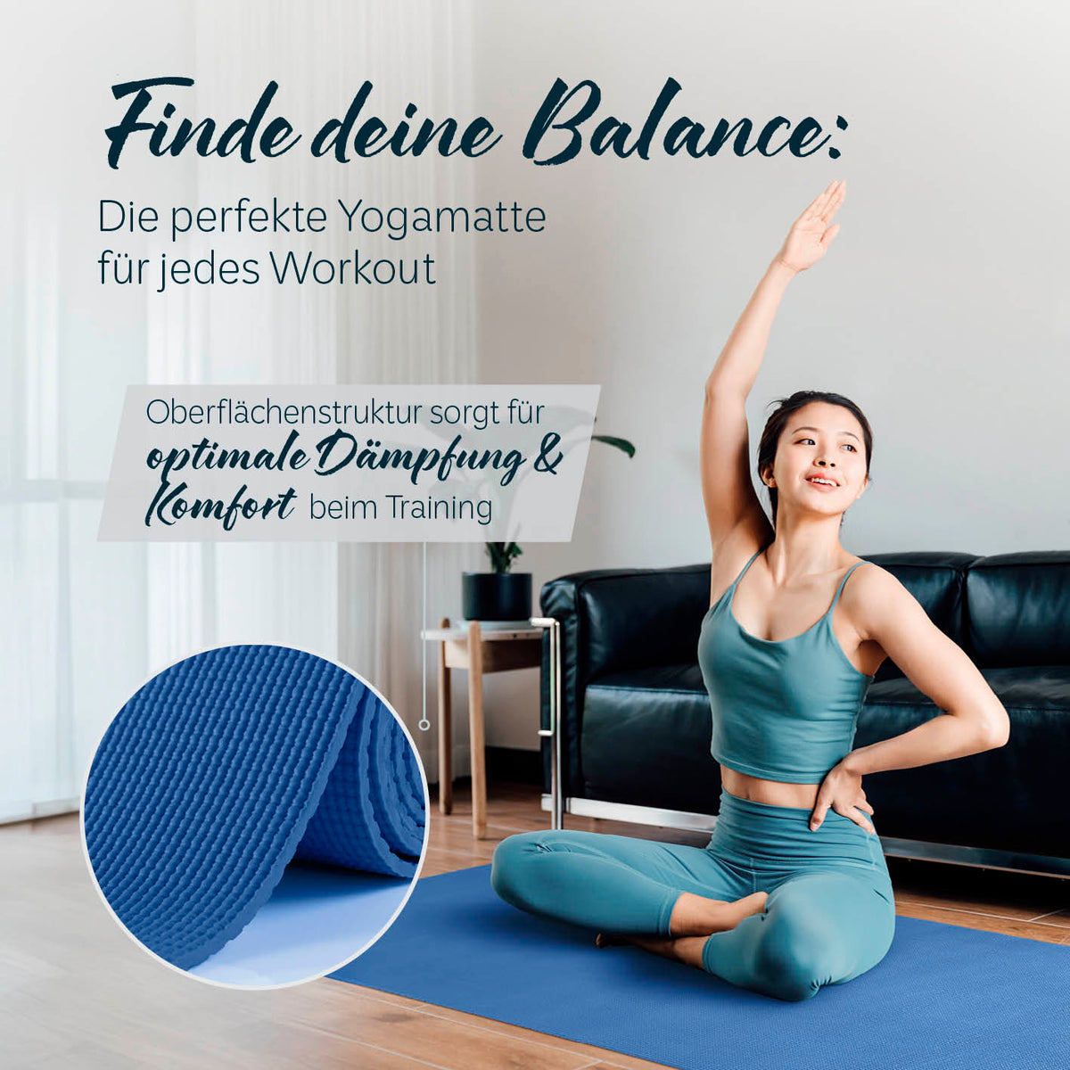 Yogamatte Kirana - 183 x 61 x 0,4 cm - Navyblau mit weicher Oberfläche für optimale Dämpfung und Komfort beim Training.