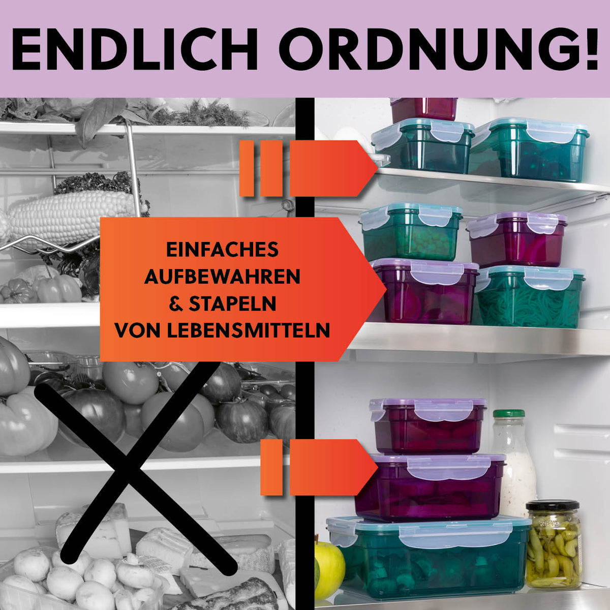 Frischhaltedosen Klick-it, 28-tlg., Lila – stapelbare, luftdichte Kunststoffdosen für frische, platzsparende Lebensmittelaufbewahrung.