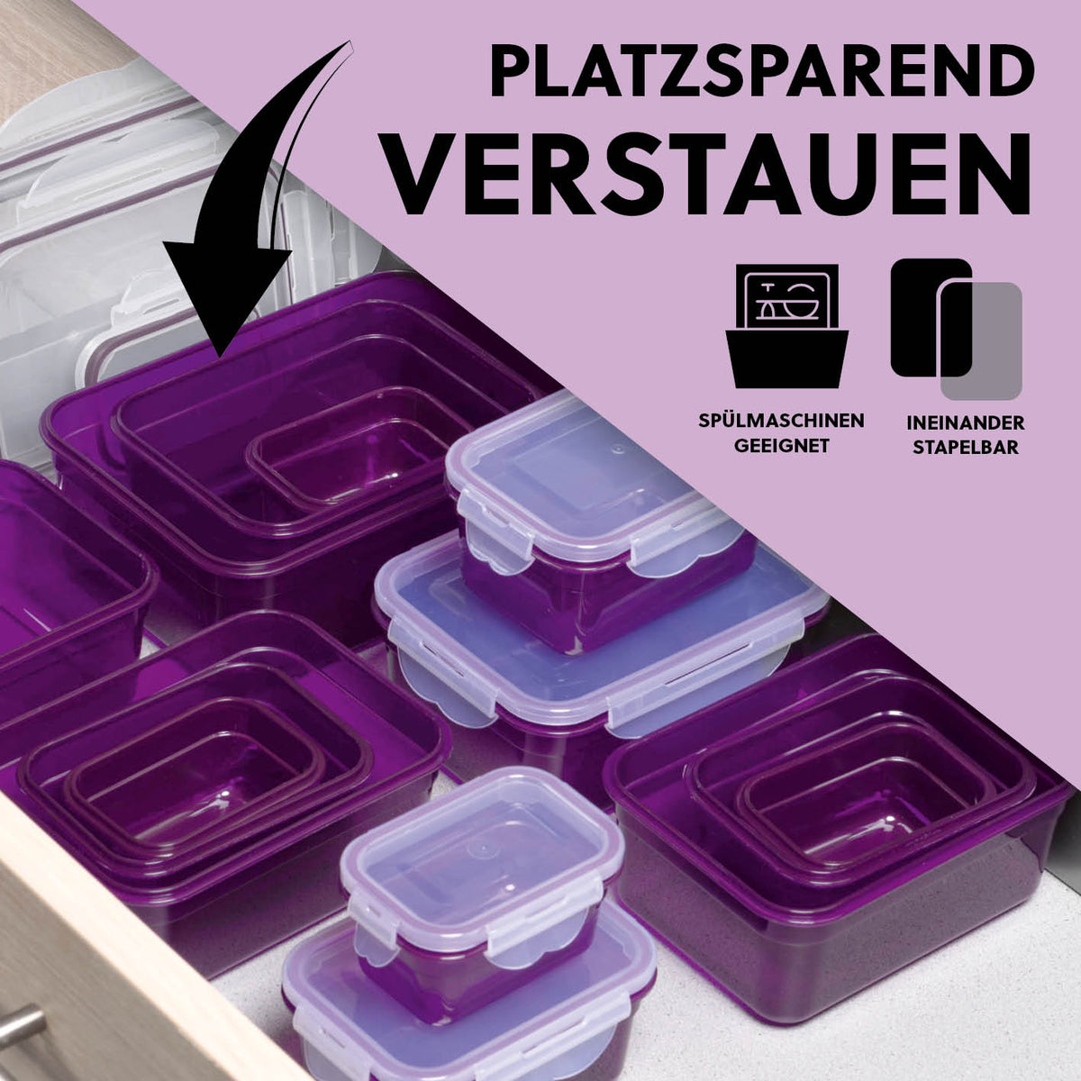 Frischhaltedosen Klick-it, 28-tlg., Lila, stapelbar, spülmaschinenfest, platzsparend zum Verstauen im Haushalt.