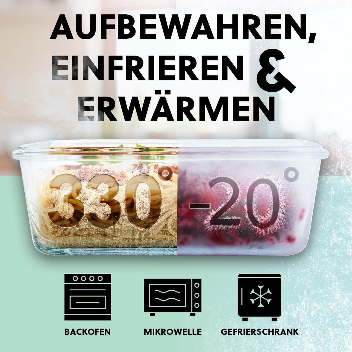 Frischhaltedosen Klick-it, 8-tlg., Mint – stapelbare, luftdichte Glasdosen für Backofen, Mikrowelle und Gefrierschrank bis 330°/–20° Celsius.