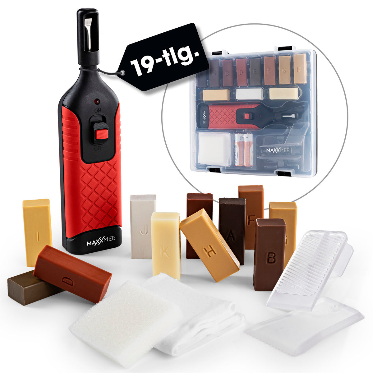 Reparaturset für Laminat & Parkett mit 19 Teilen, Wachsschmelzer und 11 Wachsstangen zum Ausbessern von Holzböden und Möbeln.