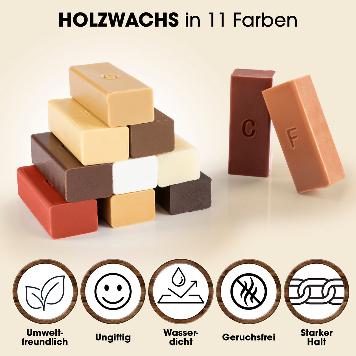 Reparaturset für Laminat & Parkett mit 11 farbigen Holzwachsstangen, wasserfest, geruchsneutral und stark haftend für Bodenreparaturen.