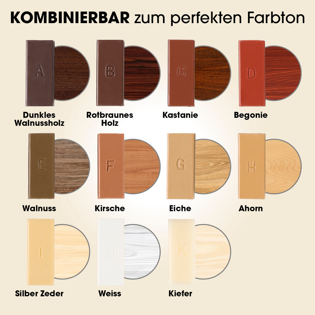 Reparaturset für Laminat & Parkett mit 11 kombinierbaren Holzwachsfarben für die einfache Ausbesserung von Holzböden und Möbeln.