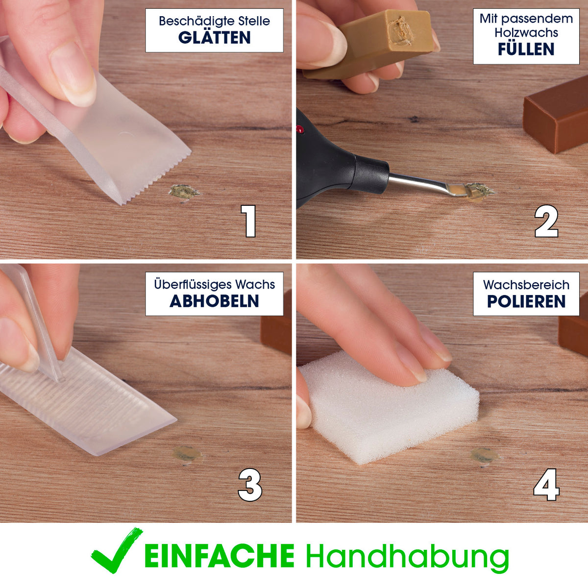 Reparaturset für Laminat & Parkett zeigt Schritte: Beschädigung glätten, Wachsstange füllen, Wachs abhobeln, polieren für einfache Bodenreparatur.