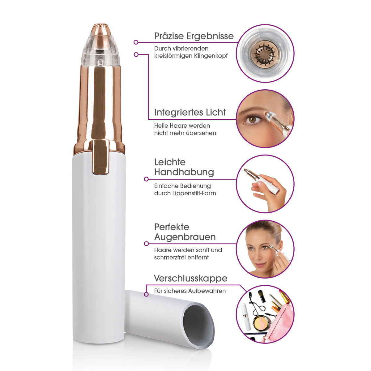 Infografik zum Haarentferner "Perfect Shave" mit Licht, Präzisionskopf, einfacher Handhabung und Schutzkappe