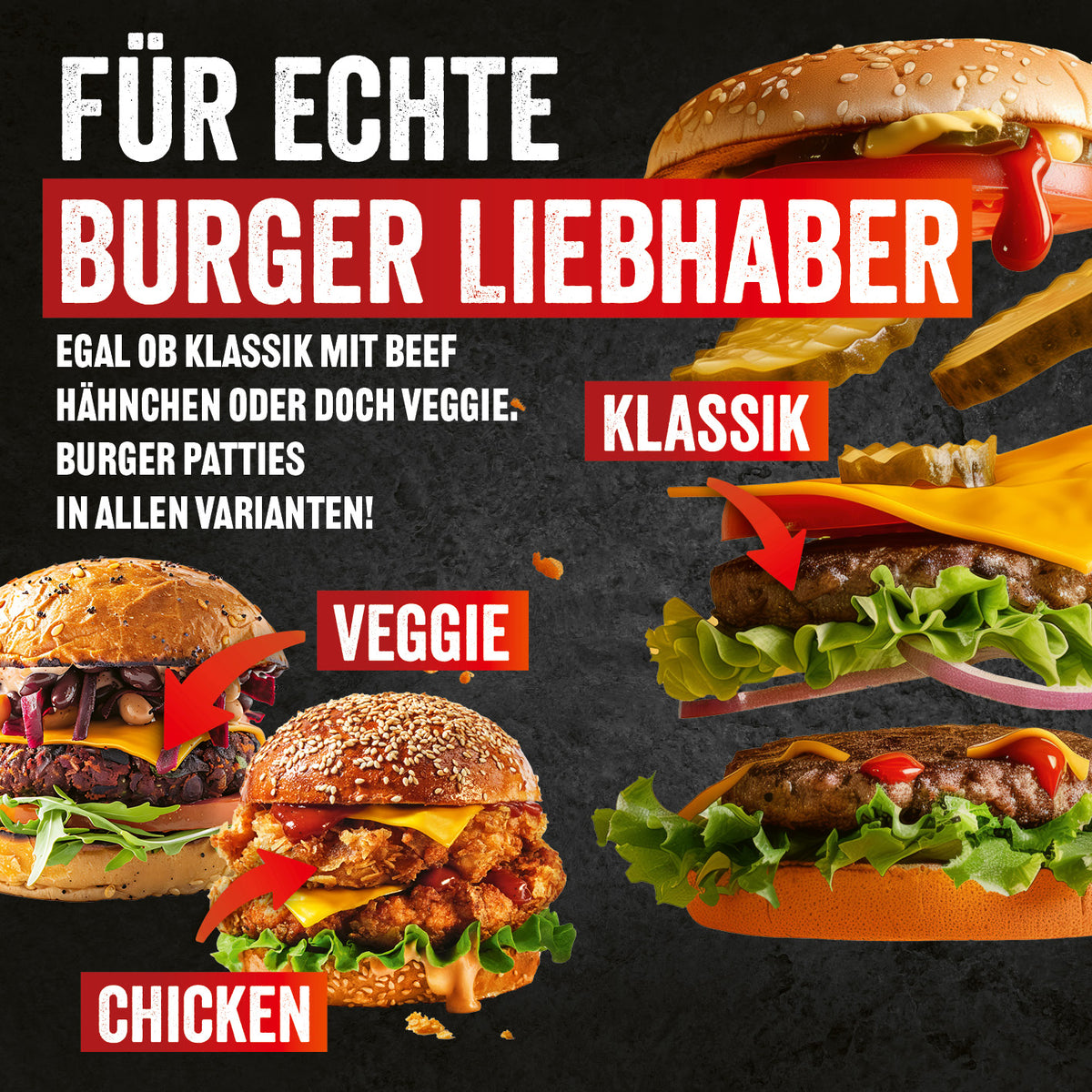 Pure Grillbräter extra breit für American Burger Patties, gummierter Griff, inkl. 4 Metallringe für 4 Hamburger Patties und Frikadellen.