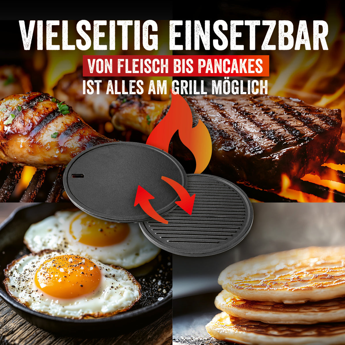 Modulus Grillplatte aus emailliertem Gusseisen mit zwei Seiten für Fleisch, Eier und Pancakes, 30,5 cm Durchmesser.