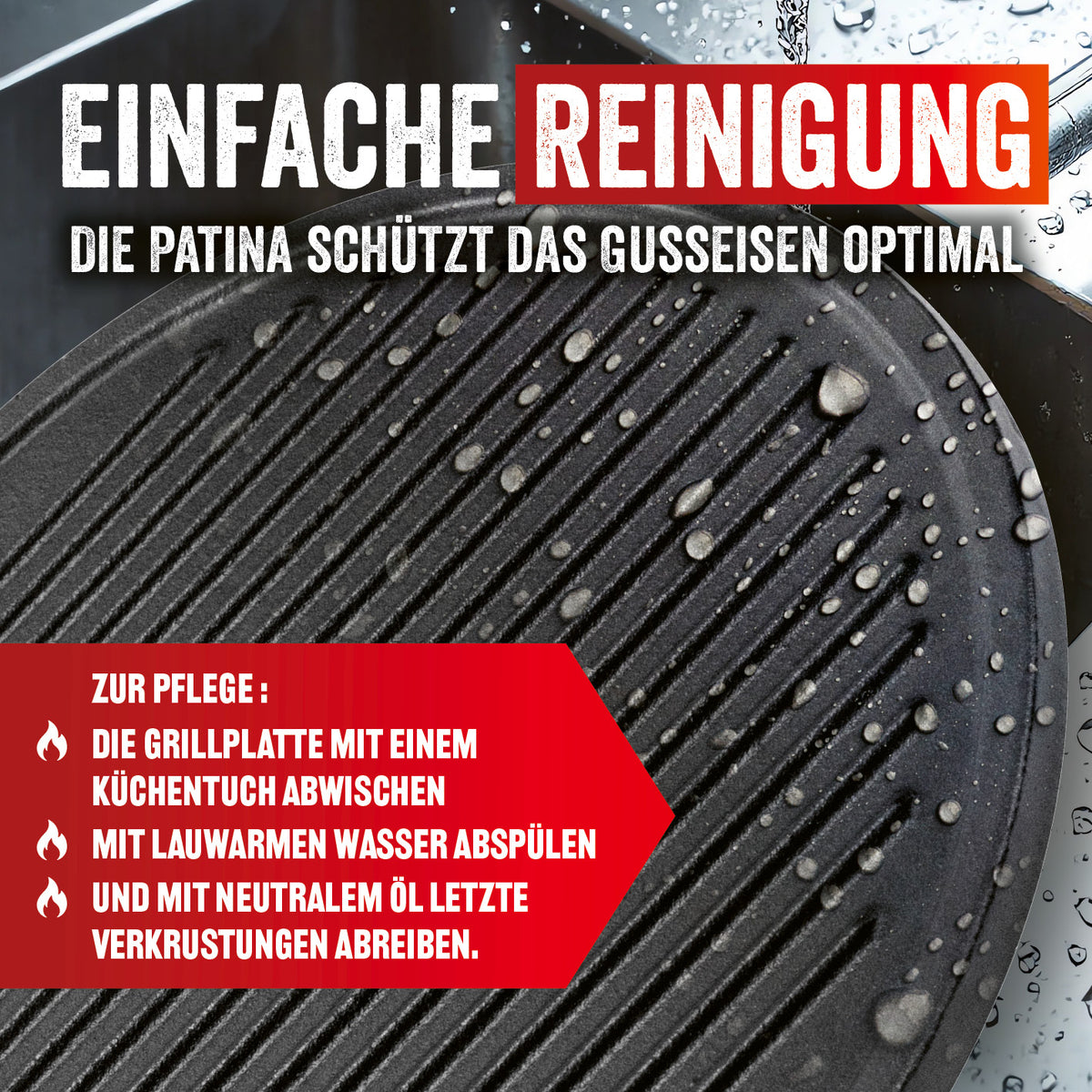 Modulus Grillplatte mit gerippter Oberfläche, Wassertropfen zeigen einfache Reinigung und Pflegehinweise für Gusseisen.