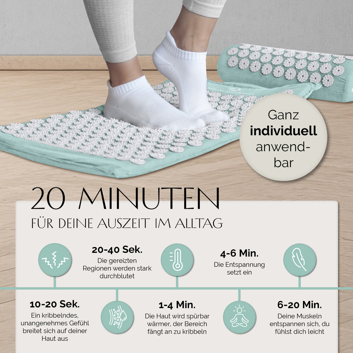 Akupressur-Set Jimuta - 20 x 20 x 42 cm - türkis mit Nadelmatte und Nackenkissen für individuelle Entspannung und Durchblutungsförderung.