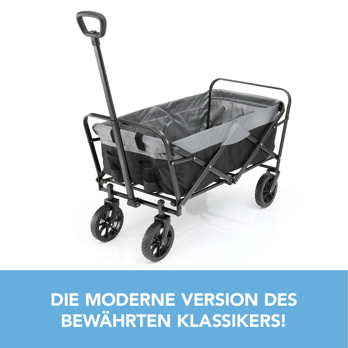 Bollerwagen - faltbar - schwarz/grau mit robustem Bezug, 360° drehbaren Vorderrädern und ausziehbarem Teleskopgriff.