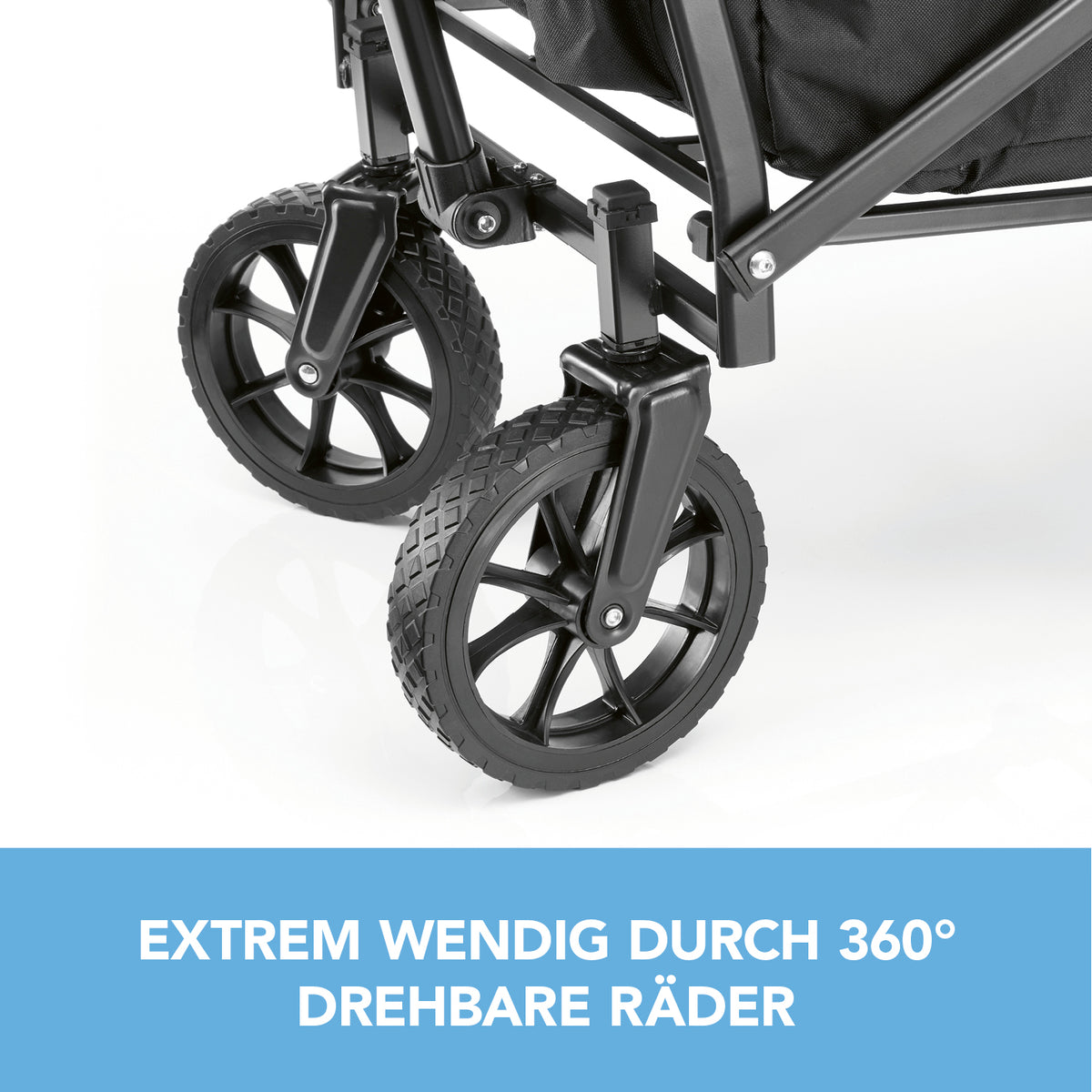 Bollerwagen - faltbar - schwarz/grau mit robusten 360° drehbaren Vorderrädern für besonders wendiges Fahren auf verschiedenen Untergründen.