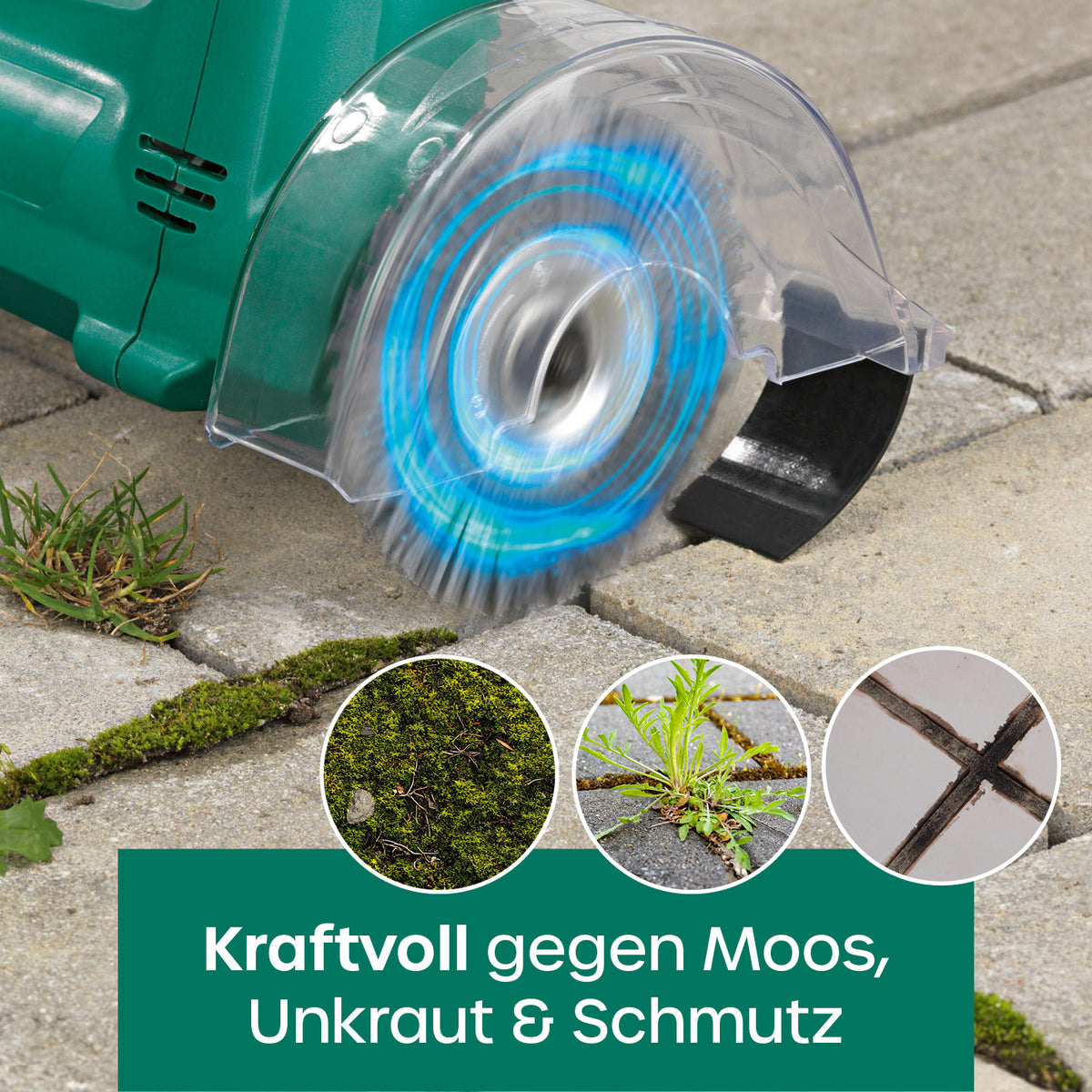 Fugenreiniger elektrisch 140 Watt - grün entfernt mühelos Moos, Unkraut und Schmutz aus Fugen auf Gehwegen und Terrassen.