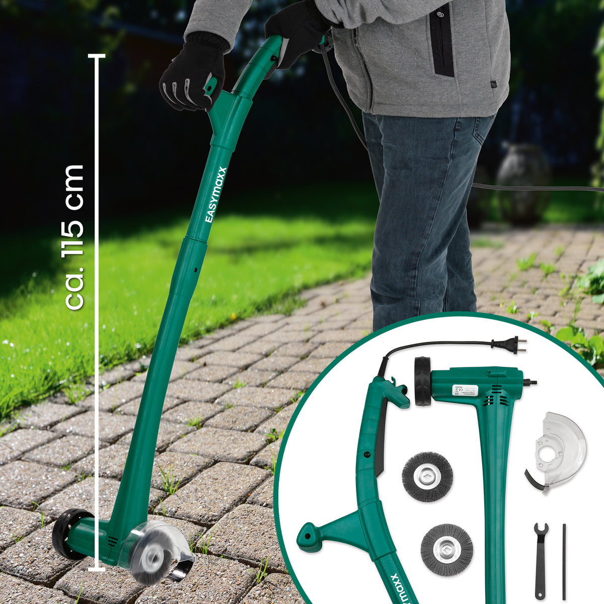 Fugenreiniger elektrisch 140 Watt - grün mit ergonomischem Griff und Führungsrad zur mühelosen Reinigung von Gehwegfugen und Terrassen.