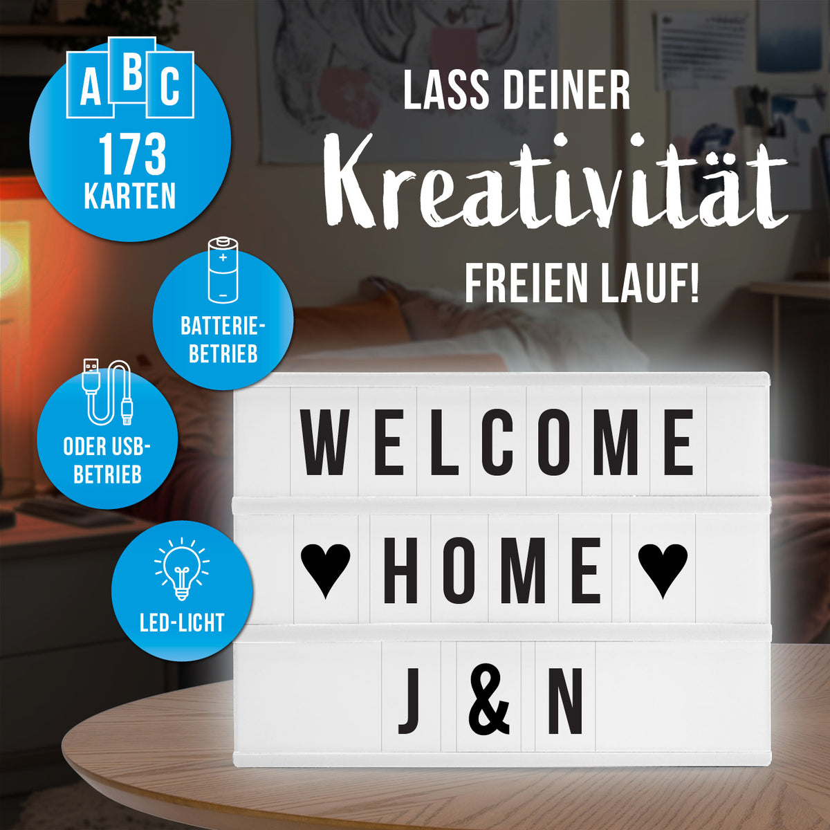 LED-Leuchtkasten mit 173 austauschbaren Buchstaben, LED-Licht, Batteriebetrieb oder USB, für individuelle Textbotschaften und Deko.