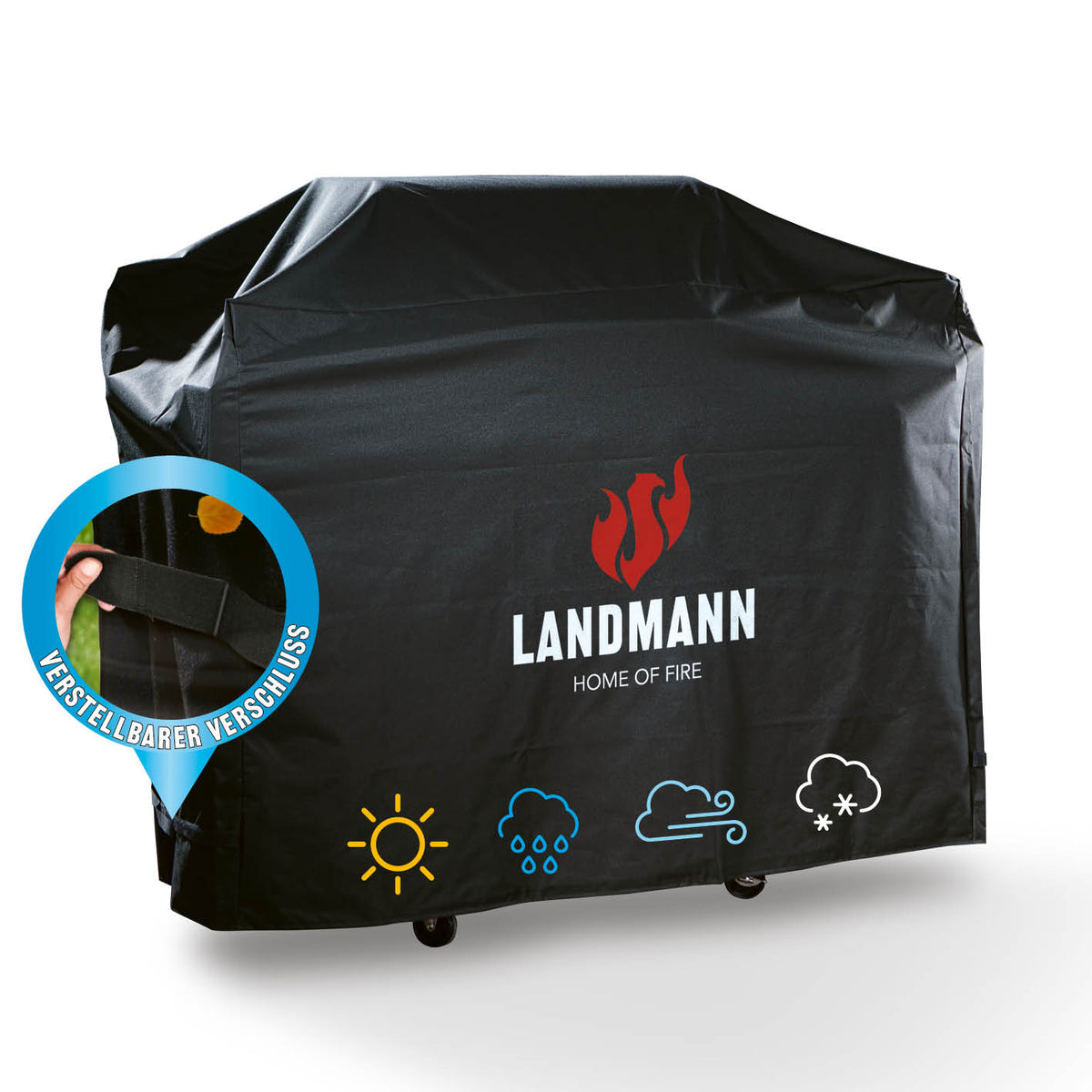 Wetterschutzhaube Premium - 62x148x120cm - schwarz aus robustem 600D Polyester, wasserdicht, UV-beständig und kältebeständig bis -20°C.