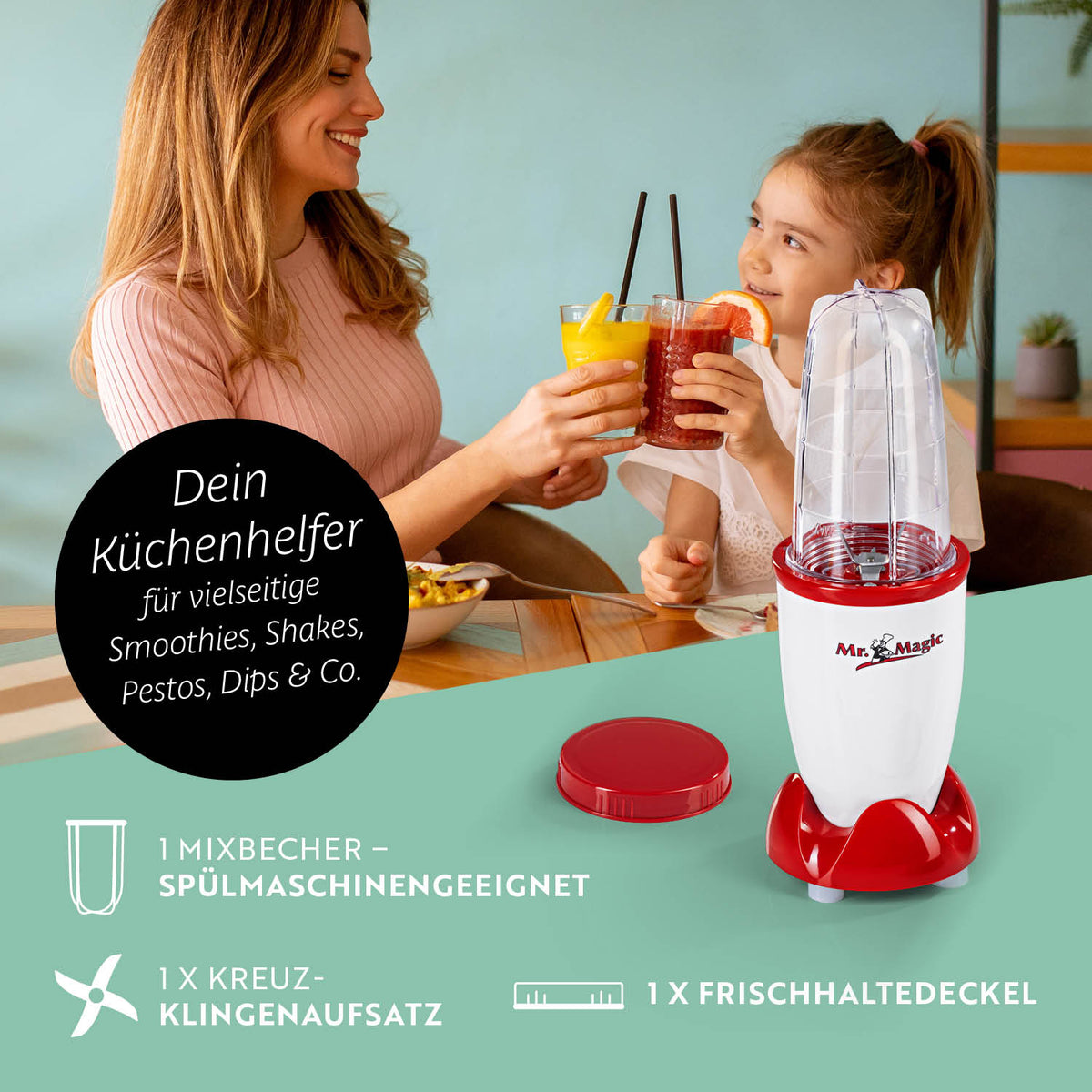 Mr. Magic Mixer - Weiß/Rot kompakter 400W Mixer mit 8 Funktionen, 500ml Behälter und Frischhaltedeckel für Smoothies und Shakes.