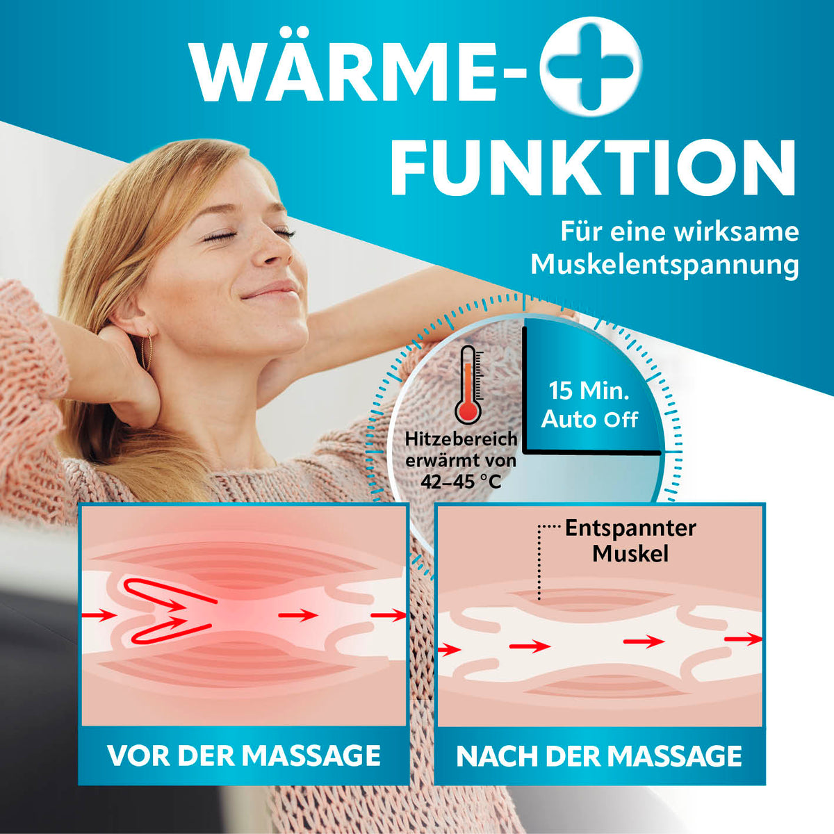 Shiatsu-Massagegerät - 8 Massagebälle mit zuschaltbarer Wärmefunktion für effektive Muskelentspannung und 15 Min. Auto-Off.