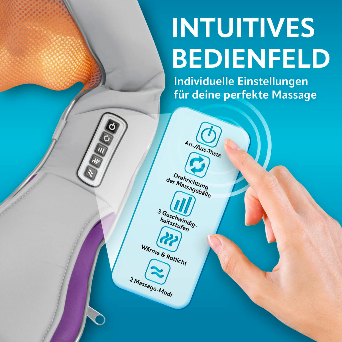 Shiatsu-Massagegerät - 8 Massagebälle mit intuitivem Bedienfeld, einstellbarer Drehrichtung und zuschaltbarer Wärmefunktion.