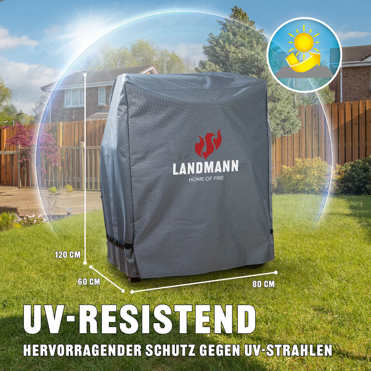 Premium Wetterschutzhaube M (60 x 80 x 120 cm) - grau, robuste, wasserdichte Grill-Schutzhülle mit UV-Schutz von LANDMANN.