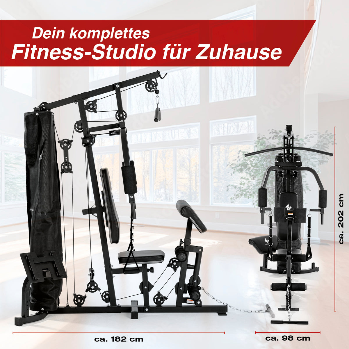 Kraftstation für Ganzkörpertraining zuhause mit verstellbaren Gewichten bis 67 kg und gepolsterten, wasserabweisenden Griffen.