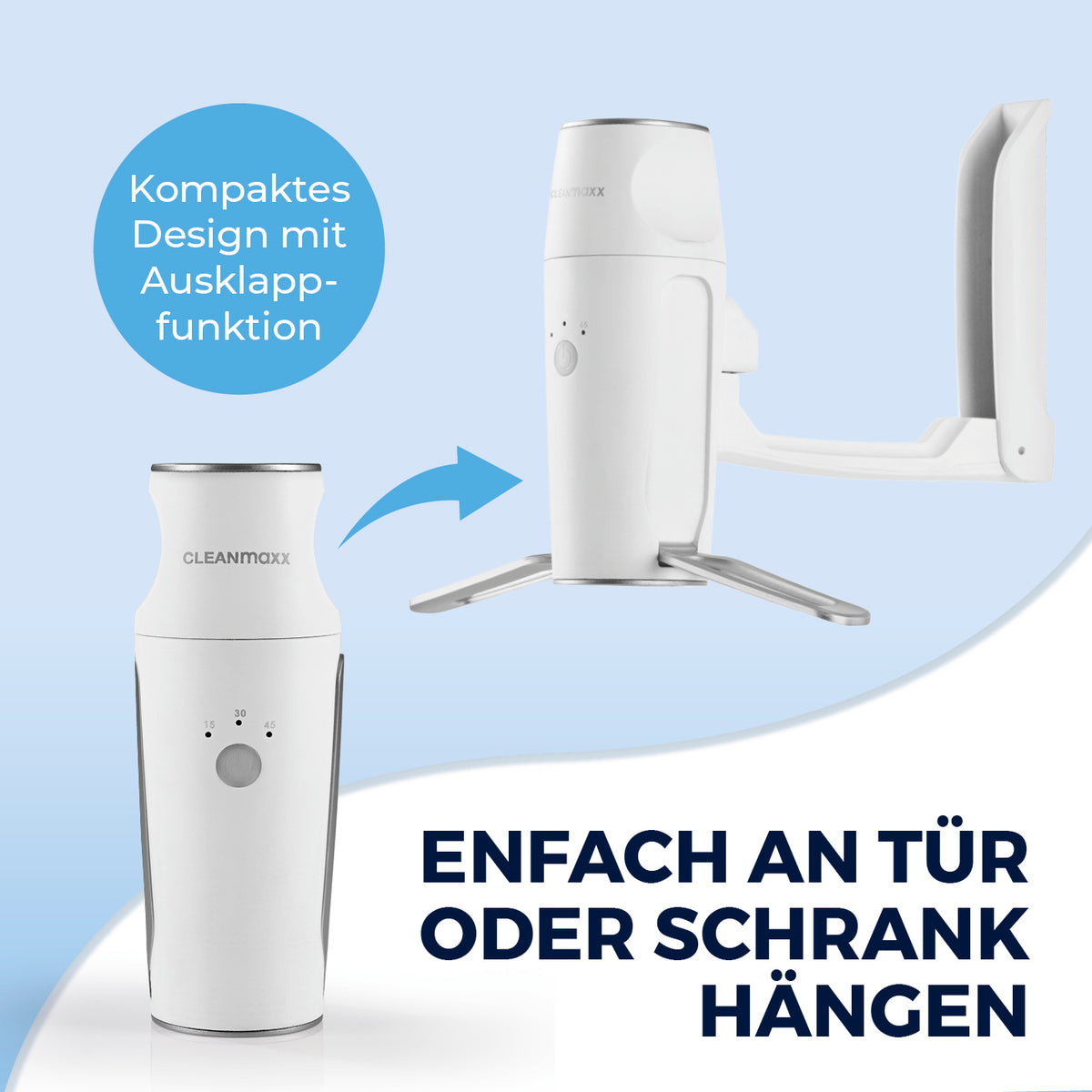 Hemden- & Blusenbügler Kompakt - weiß/silber mit handlichem Design und Ausklappfunktion, einfach an Tür oder Schrank zu hängen.