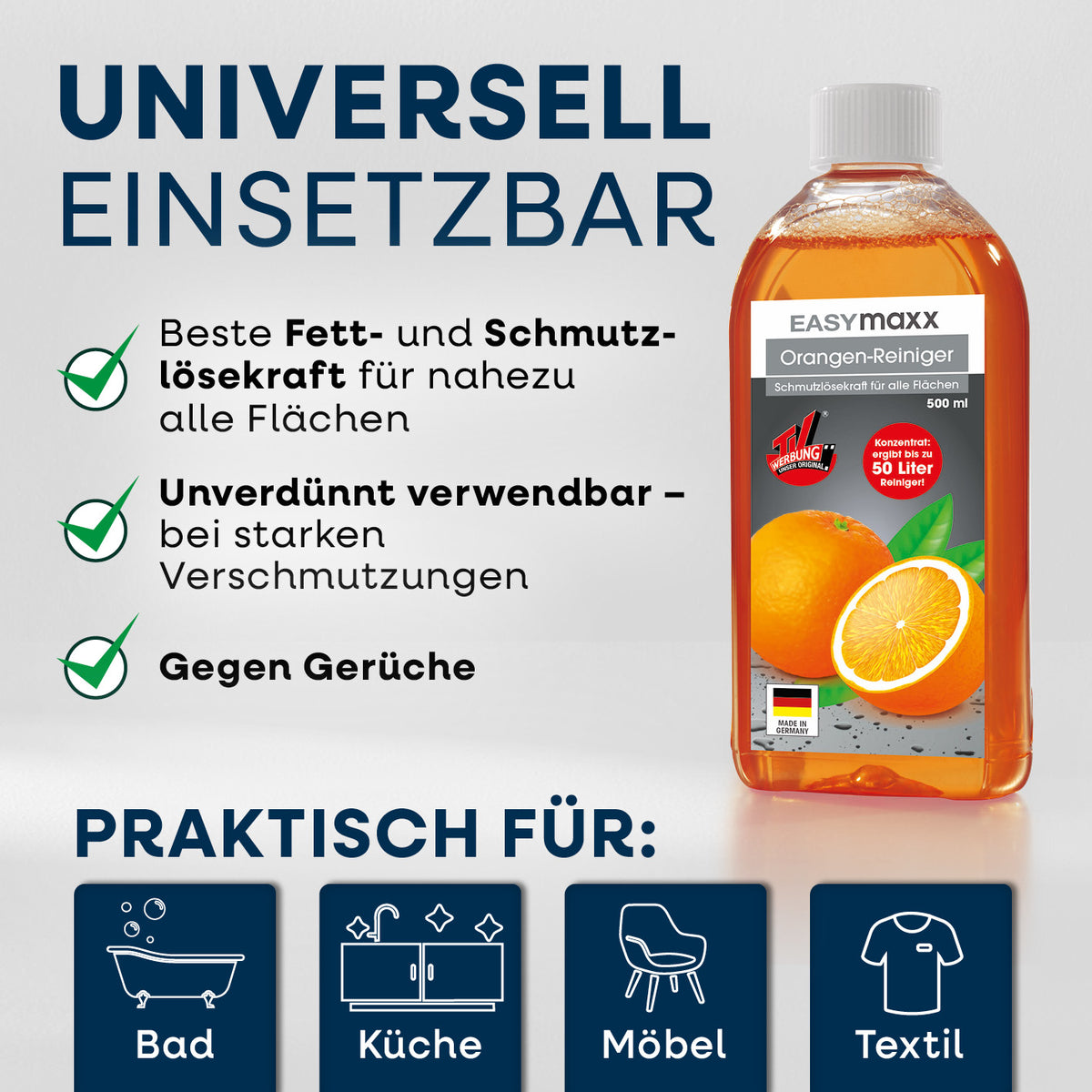 Orangenreiniger - 2 x 500 ml Konzentrat inkl. Sprühflasche, universal einsetzbar mit starker Fett- und Schmutzlösekraft für verschiedene Oberflächen.