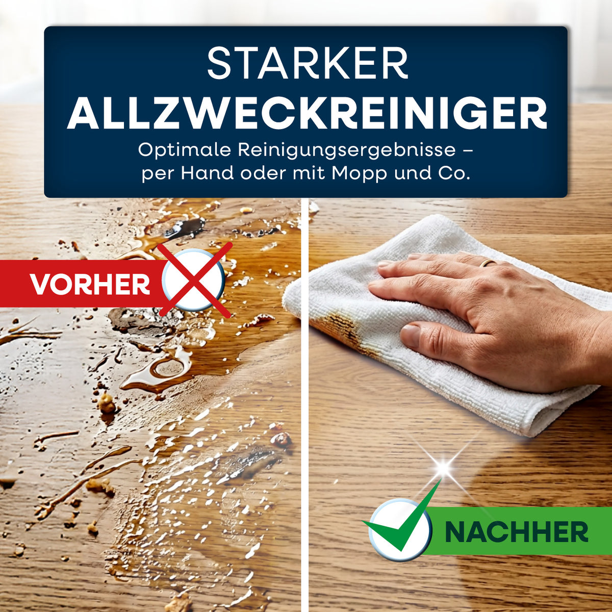Orangenreiniger - 2 x 500 ml Konzentrat inkl. Sprühflasche zeigt Reinigungsergebnis mit feuchtem Tuch auf Holzboden, vorher und nachher Vergleich.