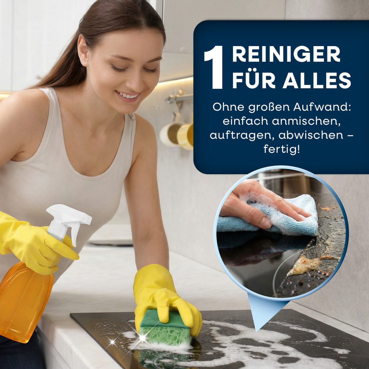 Orangenreiniger - 2 x 500 ml Konzentrat inkl. Sprühflasche in Anwendung beim gründlichen Reinigen einer Küchenarbeitsfläche mit Schwamm und Spray