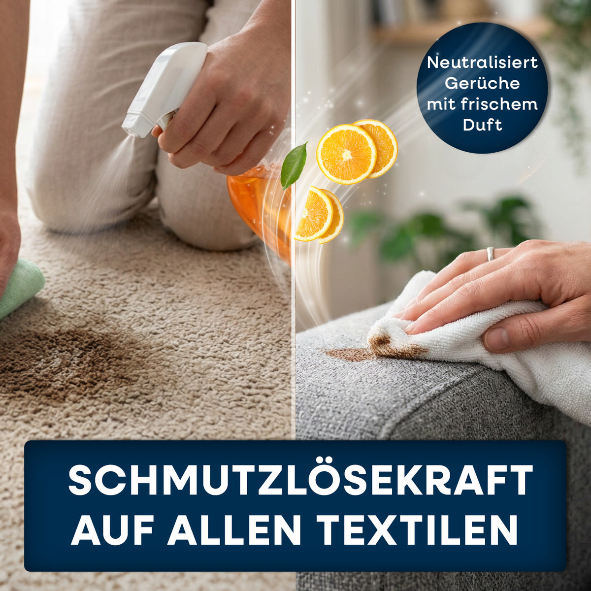 Orangenreiniger - 2 x 500 ml Konzentrat inkl. Sprühflasche entfernt Flecken auf Textilien und neutralisiert Gerüche mit frischem Orangenduft.
