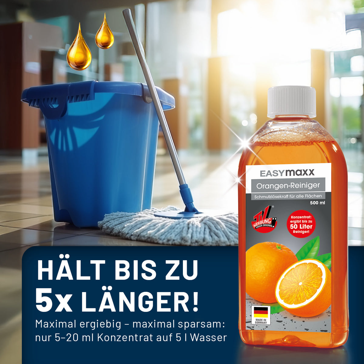 Orangenreiniger - 2 x 500 ml Konzentrat inkl. Sprühflasche vor Eimer und Mop zeigt ergiebige Reinigungskraft mit Orangenduft.