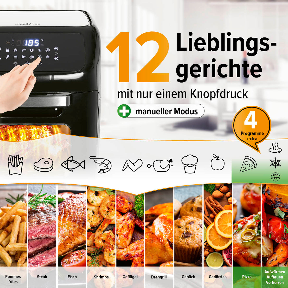 Digitale Heißluftfritteuse mit 12 Programmen, 4 extra Funktionen, Touchdisplay und vielseitigem Zubehör für fettarmes Garen.