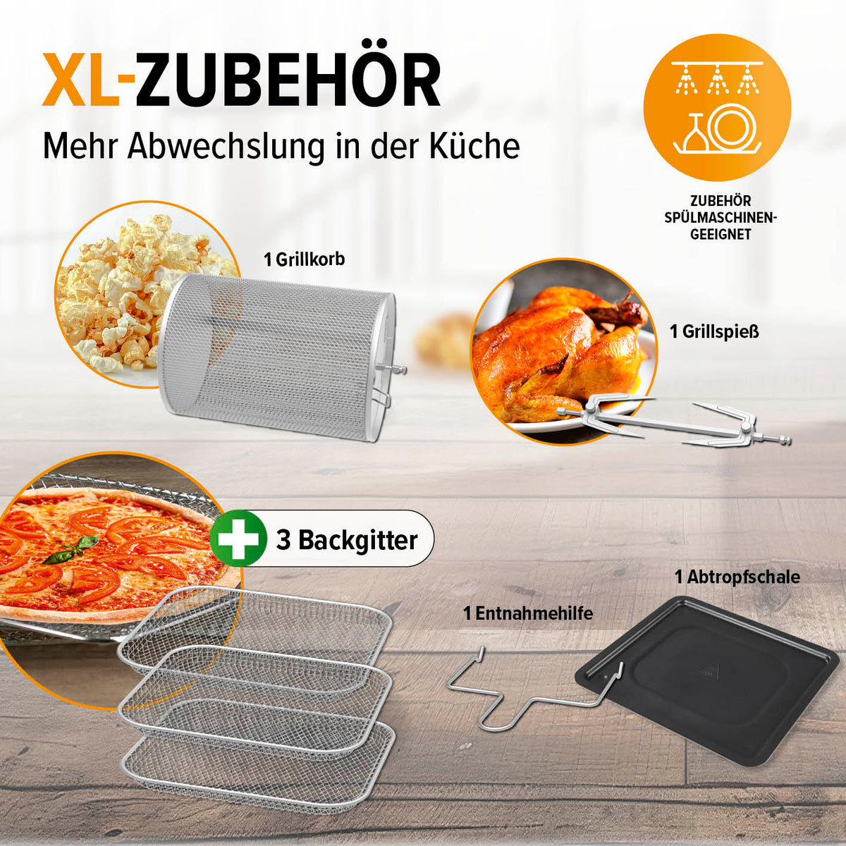 Digitale Heißluftfritteuse mit XL-Zubehör: Grillkorb, Grillspieß, 3 Backgitter, Abtropfschale und Entnahmehilfe für vielseitiges Frittieren.