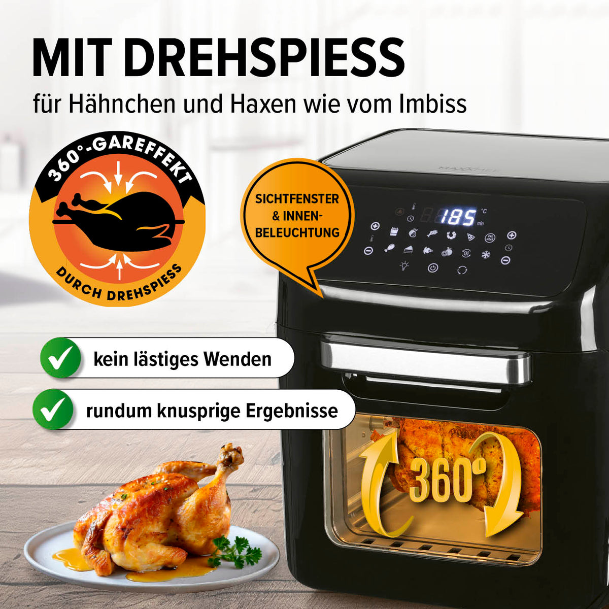 Digitale Heißluftfritteuse mit Drehspieß, Sichtfenster, 360° Gartechnik für knuspriges Hähnchen ohne Wenden, 1800W Leistung.
