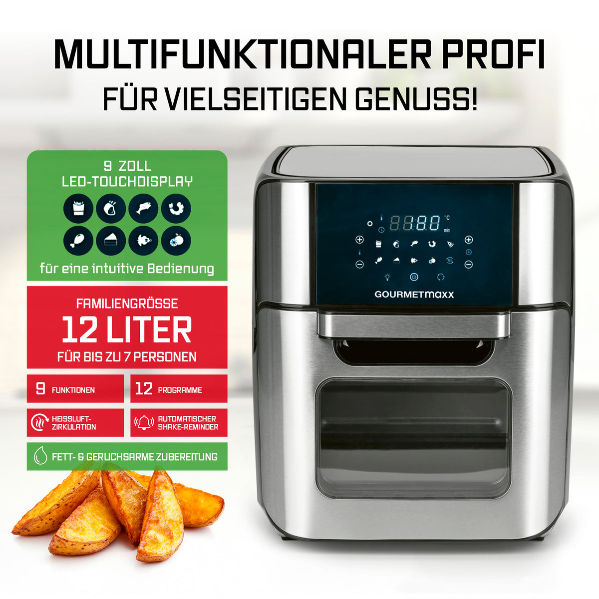 Digitale Heißluftfritteuse - 12 l - Edelstahl/Schwarz mit 9 Funktionen, 12 Programmen und 360° Rapid Air Technologie für fettarmes Frittieren.