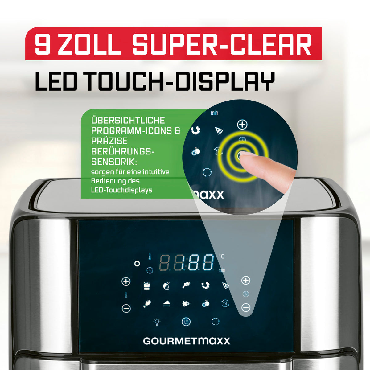Digitale Heißluftfritteuse - 12 l - Edelstahl/Schwarz mit 9 Zoll LED Touch-Display und präziser Berührungssensorik für einfache Bedienung.