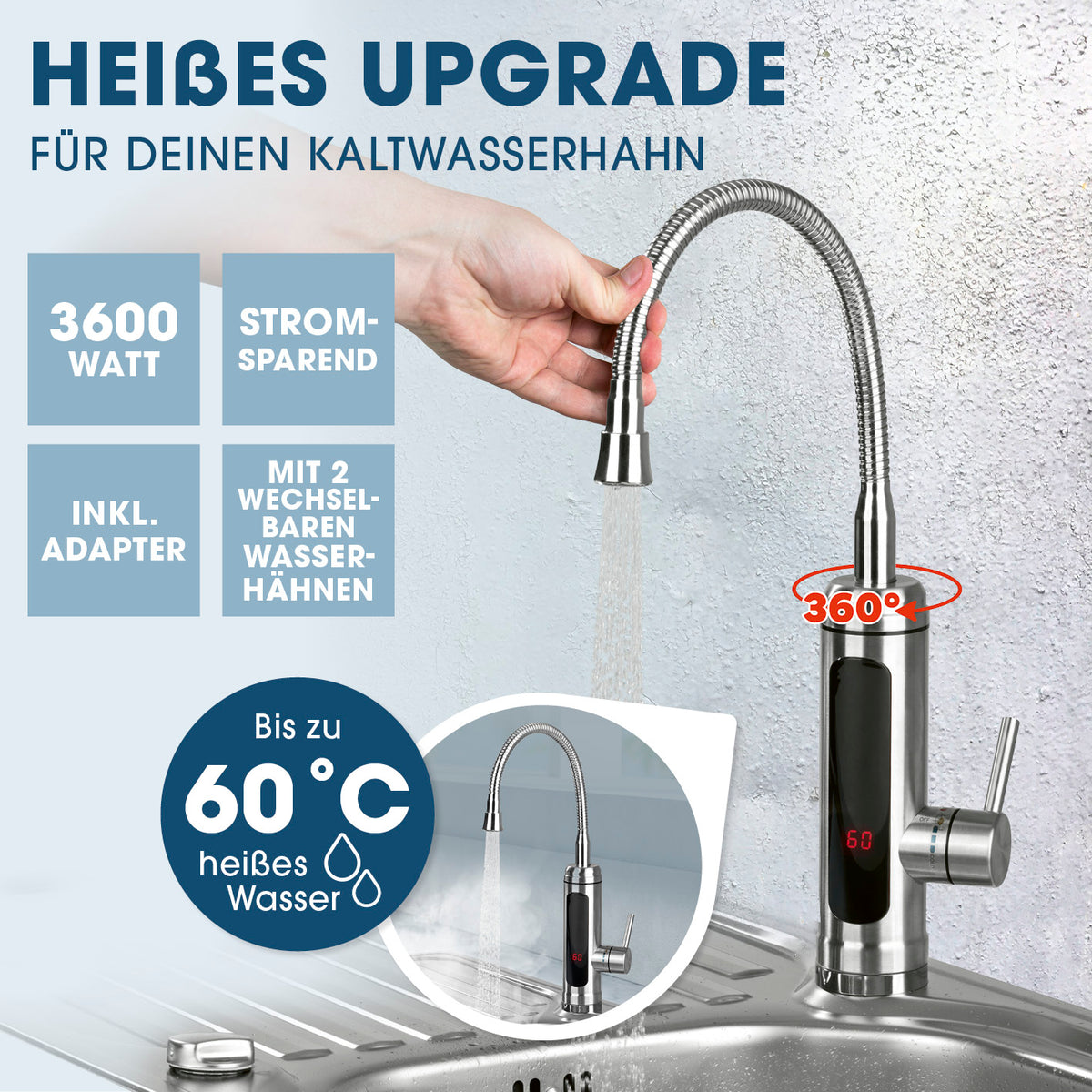 elektrische Edelstahl-Armatur mit integriertem Durchlauferhitzer, 3600 Watt, 60 °C, 360° schwenkbar, LED-Temperaturanzeige, rostfrei