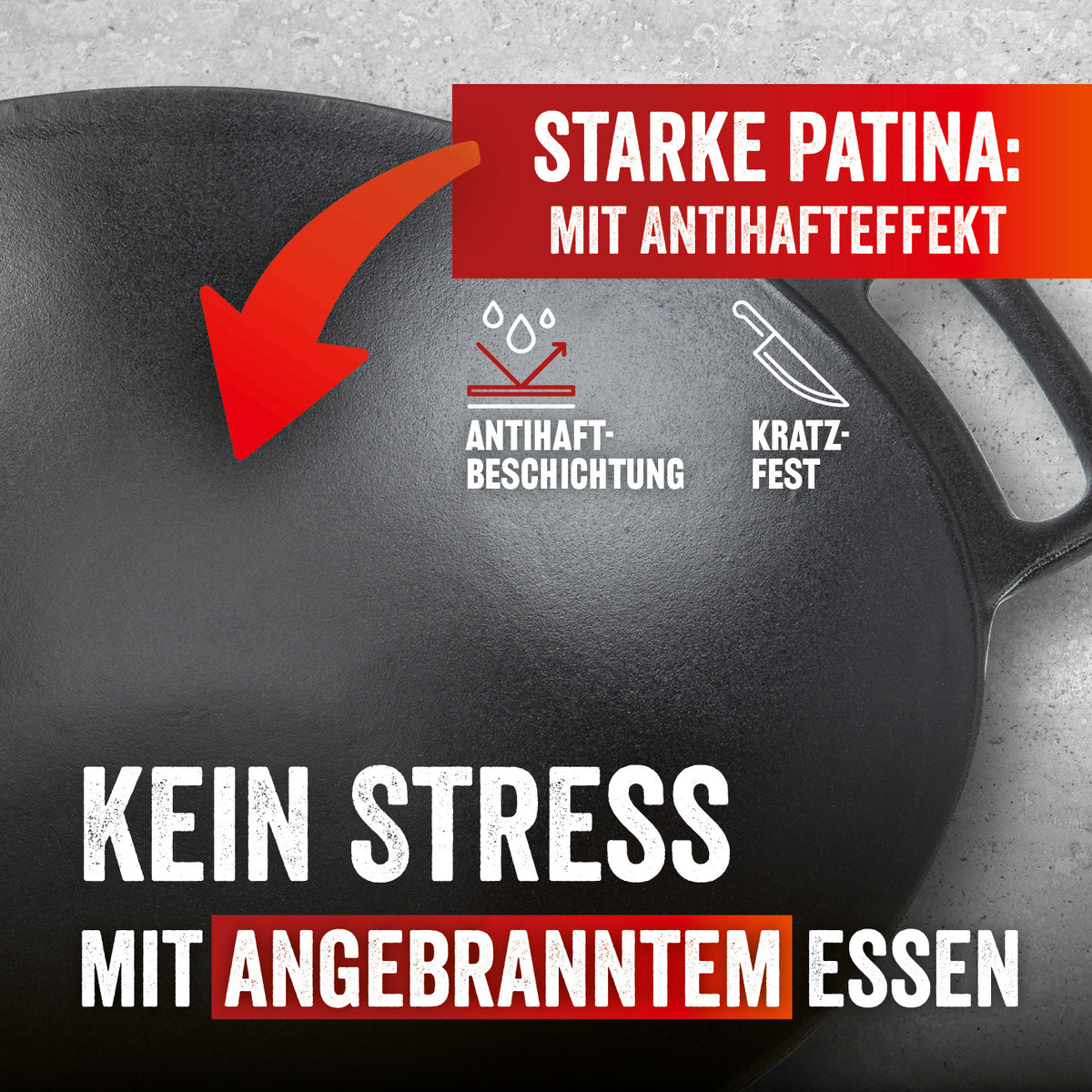 Grillwok aus emailliertem Gusseisen mit Antihaftbeschichtung und kratzfestem, abgeflachtem Boden für vielseitiges Grillen.
