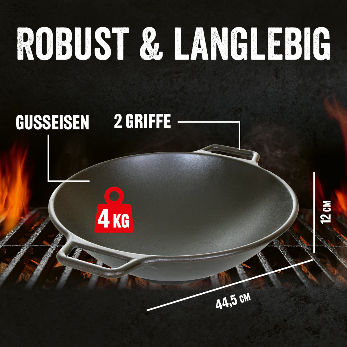 Grillwok aus emailliertem Gusseisen, 44,5 cm Durchmesser, 2 Griffe, robust und langlebig für Gas- und Holzkohlegrills.