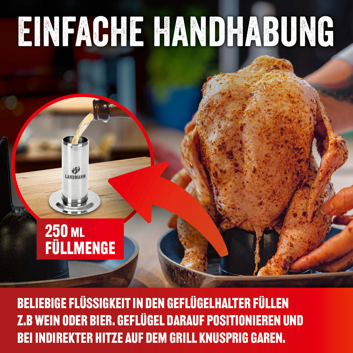 Selection Hähnchenhalter aus Edelstahl mit 250 ml Behälter zum Aromatisieren von Geflügel im Grill und Backofen.