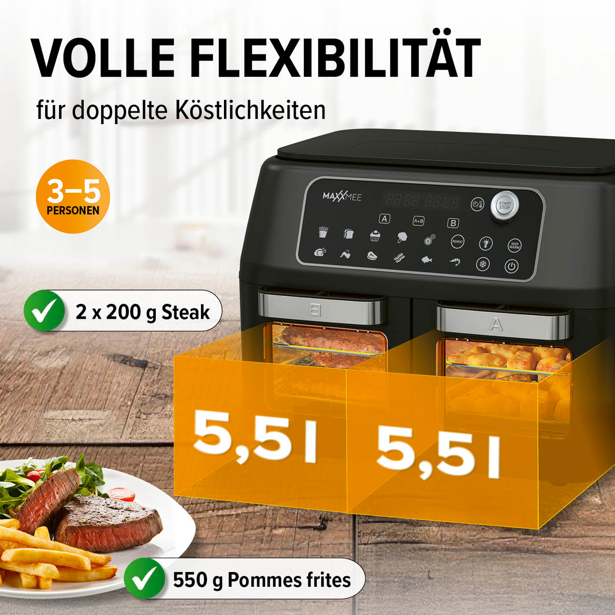 Doppelkammer-Heißluftfritteuse mit 2x5,5 l Kapazität, 360° Heißluft und 9 Programmen für fettarmes Garen.