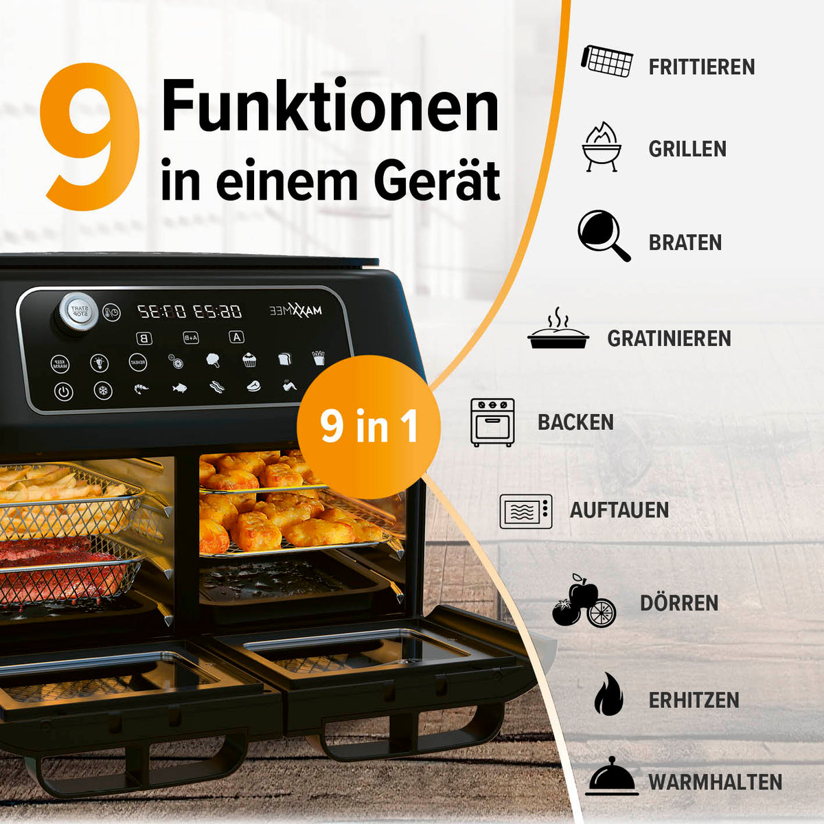Doppelkammer-Heißluftfritteuse mit 9 Funktionen, 2 Garzonen und digitalem Touchdisplay für vielseitiges, fettarmes Garen.