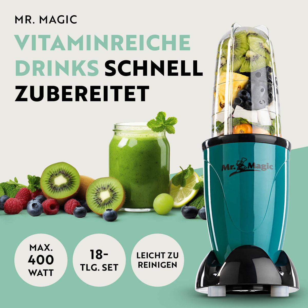Mr. Magic Smaragdgrün/Schwarz Standmixer mit 400W, 18-teiligem Set für schnelle Zubereitung von vitaminreichen Drinks.