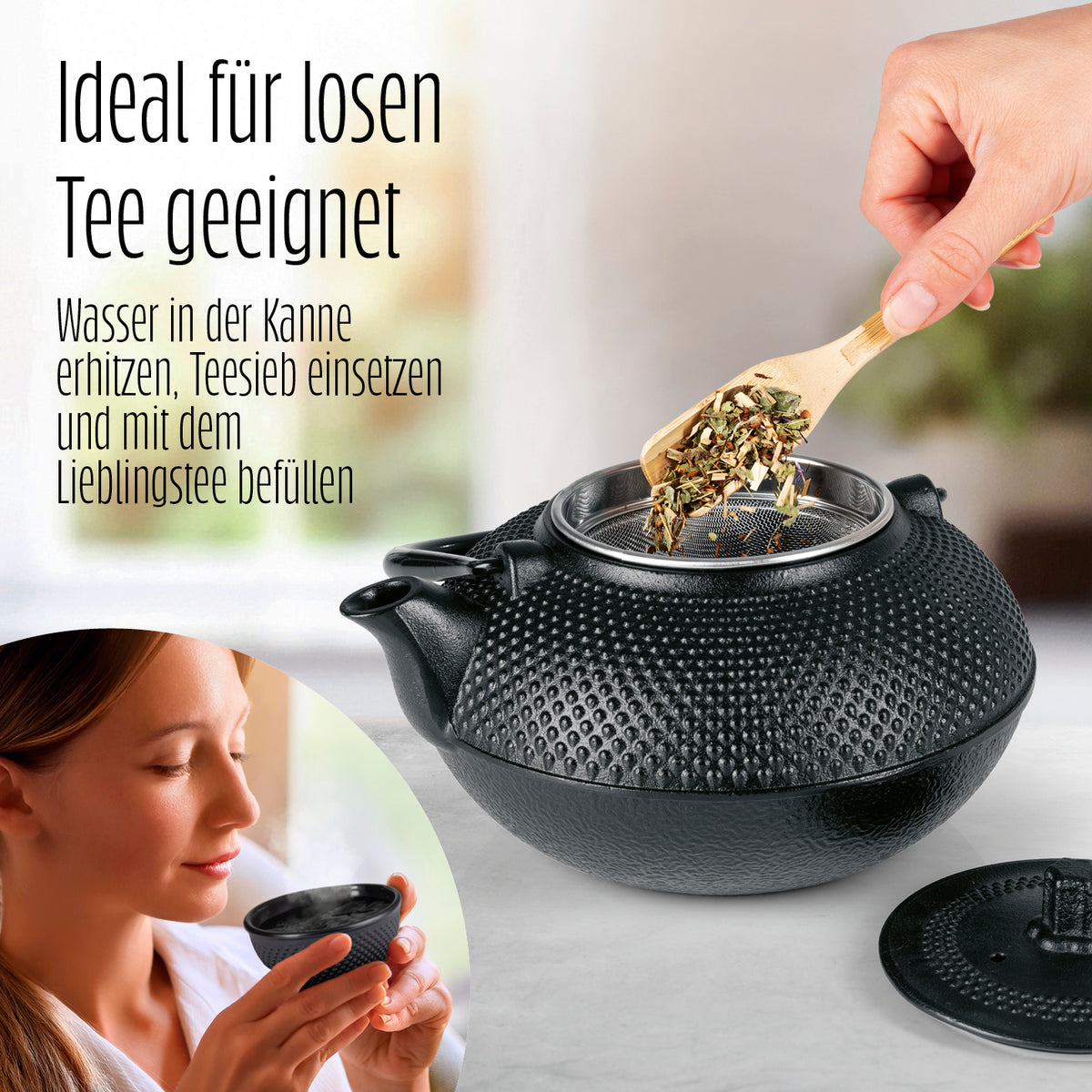 Tee-Set 8-teilig mit 1,4 Liter gusseiserner Tetsubin Teekanne, Stövchen, 2 Becher und Untersetzer in Schwarz