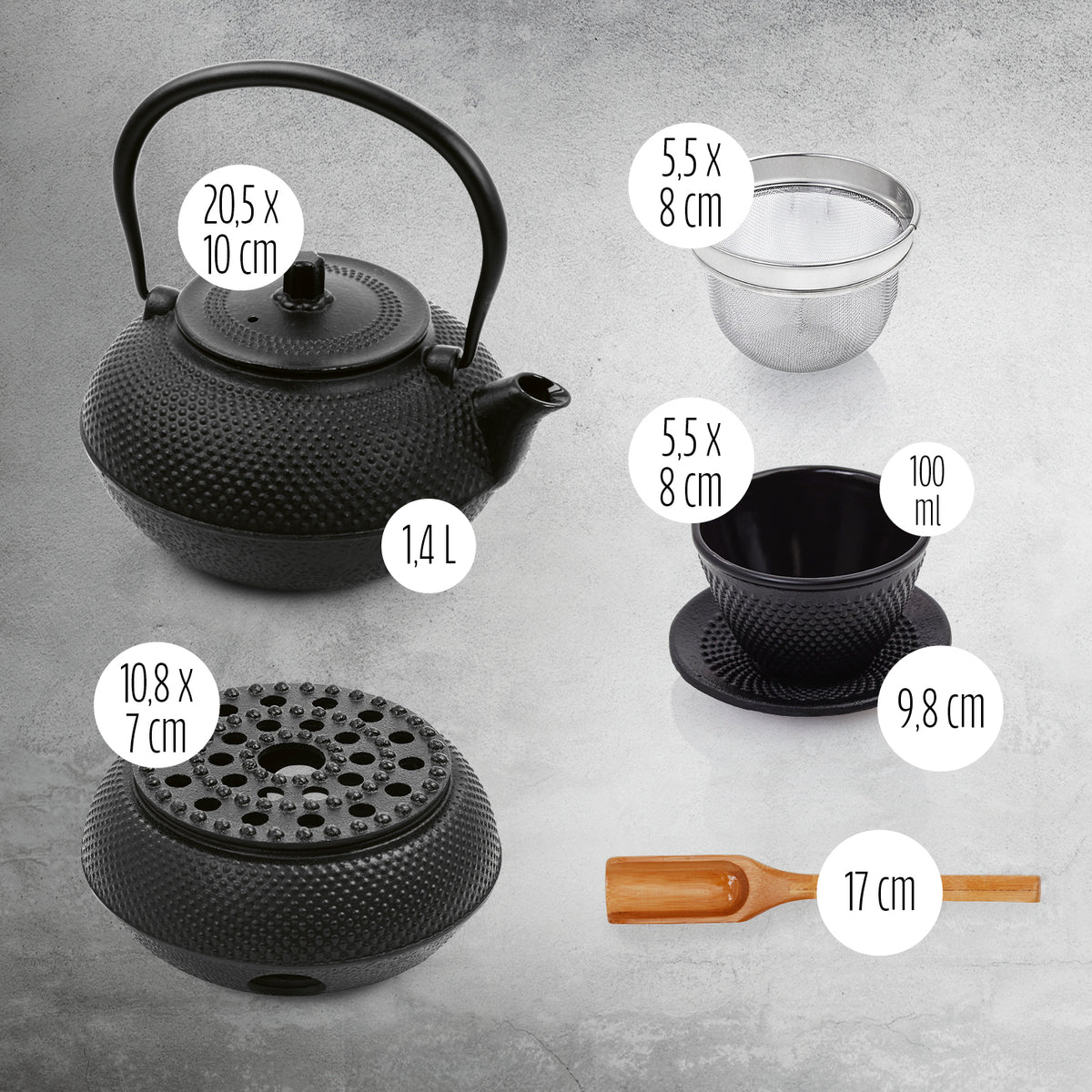 Tee-Set 8-teilig mit 1,4 l gusseiserner Tetsubin Teekanne, Stövchen, 2 Becher, Untersetzer und Bambuslöffel in Schwarz